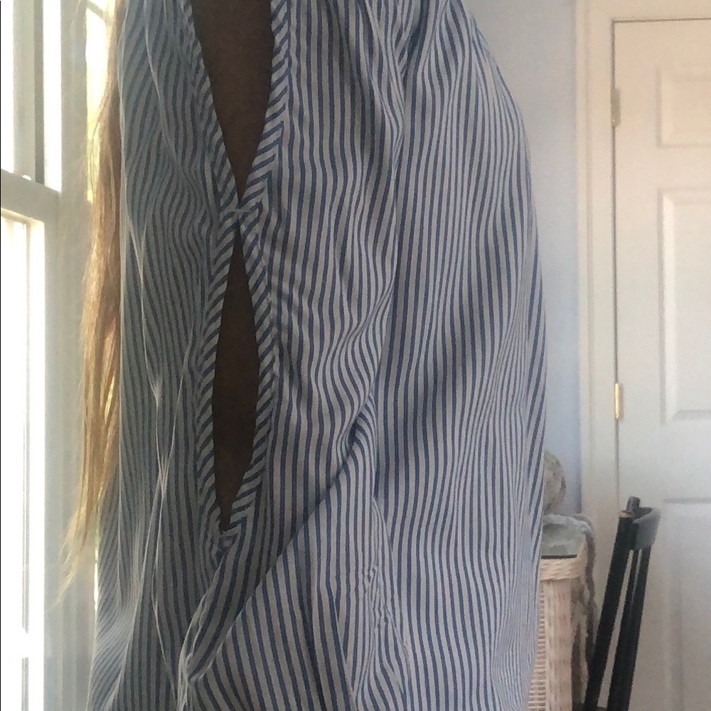Long sleeve dressy white and blue striped shirt